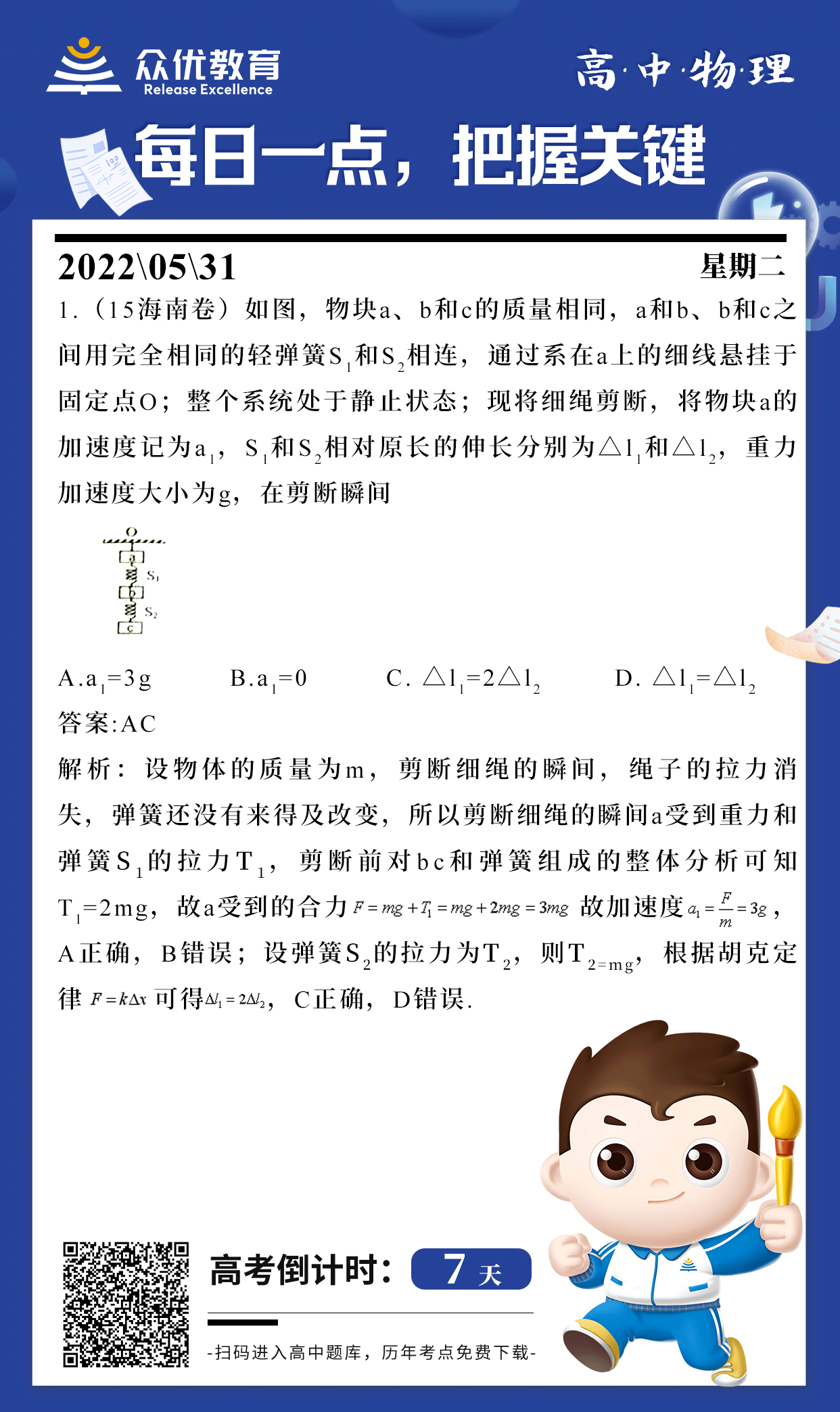 【高中物理】2015 · 海南卷：加速度+胡克定律(图1)