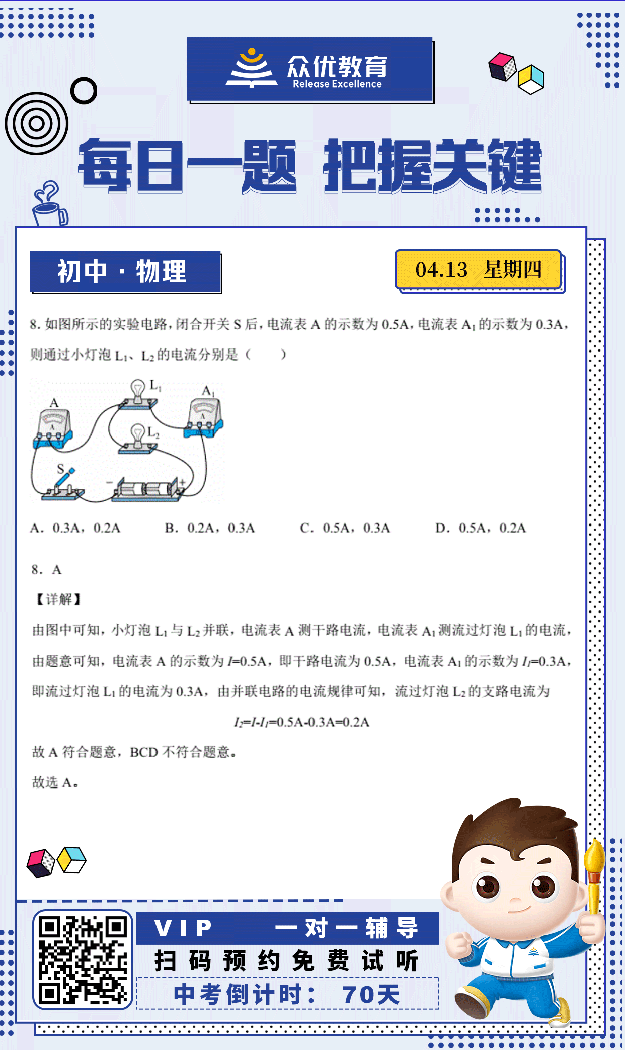 【中考倒计时·70天】物理专练：考查电流在并联电路中的关系(图1)