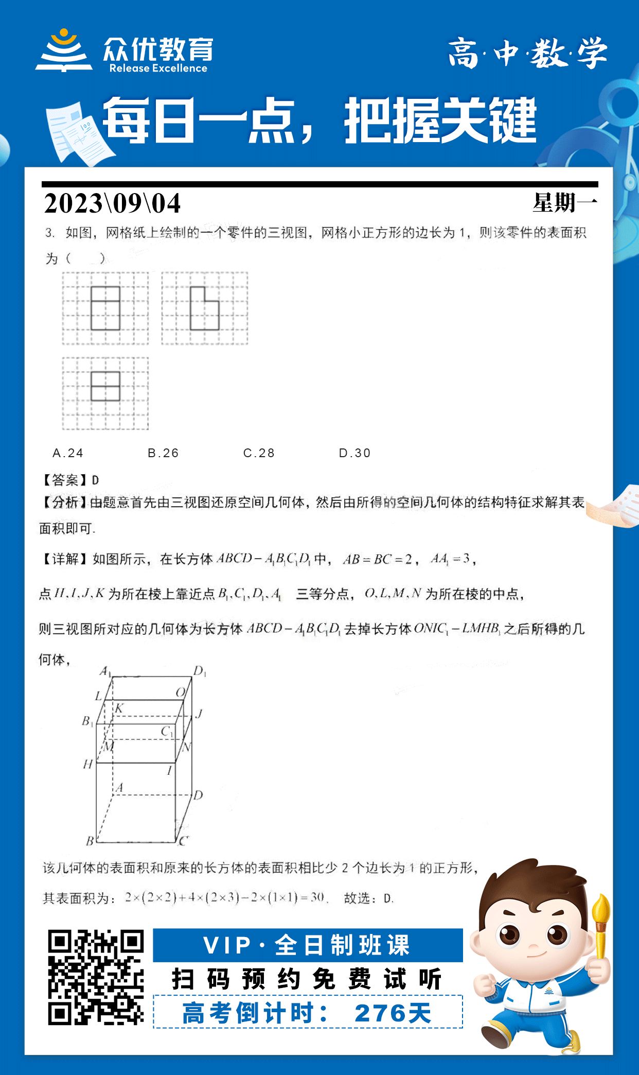 【高中数学 · 每日一练】：考查几何体三视图+长方体表面积(图1)