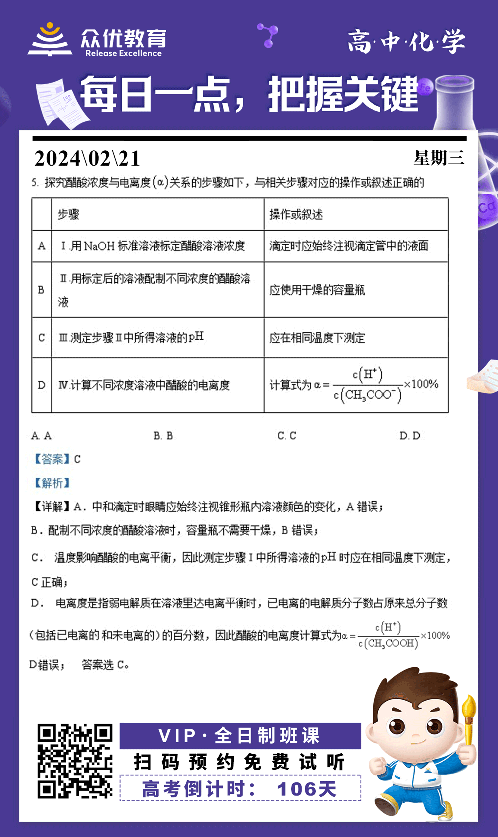 【高中化学 · 每日一练】：考查弱电解质的电离+滴定实验的操作步骤+影响电离的因素+电离度的计算方法(图1)
