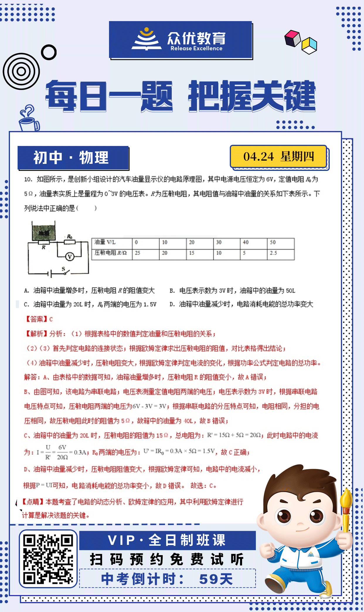 【初中物理 · 每日一练】：考查电路的动态分析+欧姆定律的应用(图1)