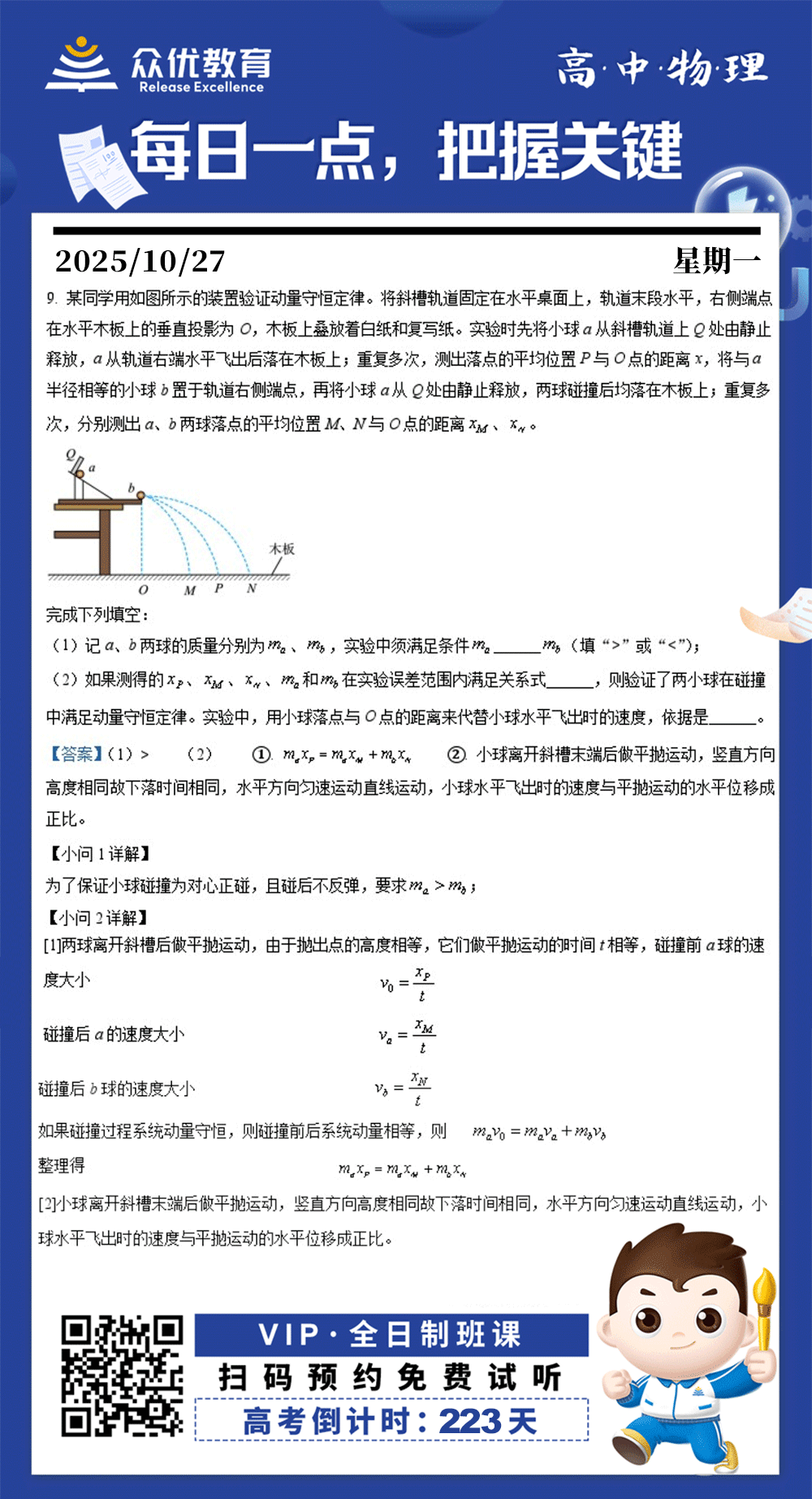 【高中物理 · 每日一练】：考查动量守恒定律的实验验证方法、平抛运动的规律(图1)