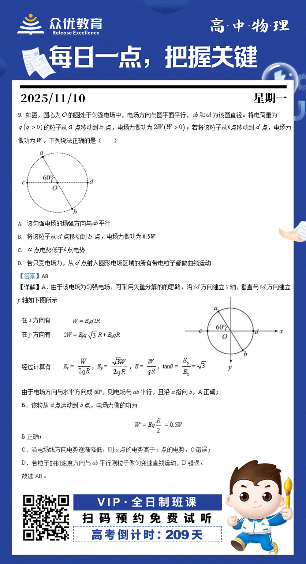 【高中物理·每日一练】：考查电场力做功与电势差的关系+电场强度方向与电场力做功的关系+电势的高低判断+带电粒子在电场中的运动情况(图1)
